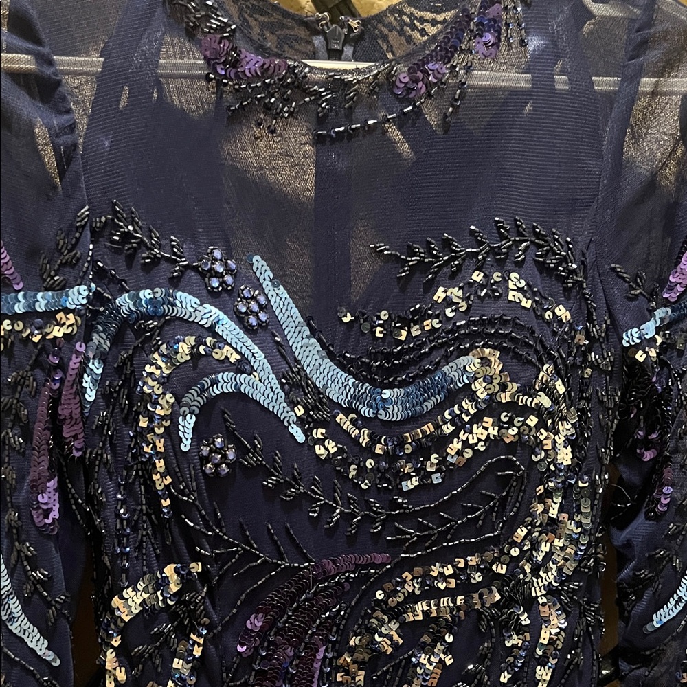 Mac Duggal Navy Blue Sequined Long Sleeve Evening Gown - Picture 6 of 11